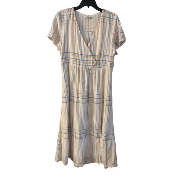 Madewell Linen Blend Clara Midi Dress Plaid Size Medium Muted Blush Pockets - Picture 1 of 8